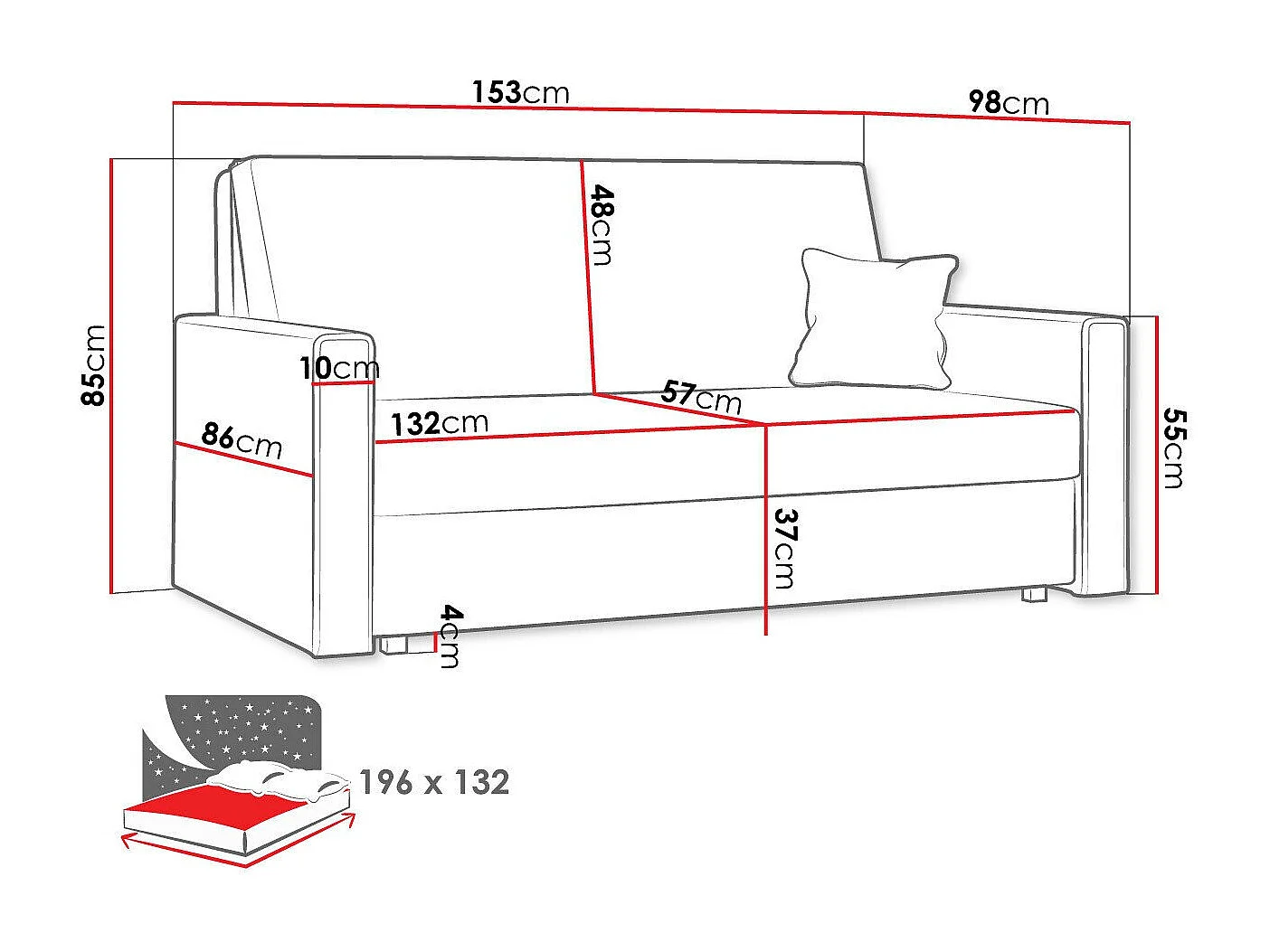 Sofá-cama Columbus 188, Cama com arrumação, 9x15x10cm