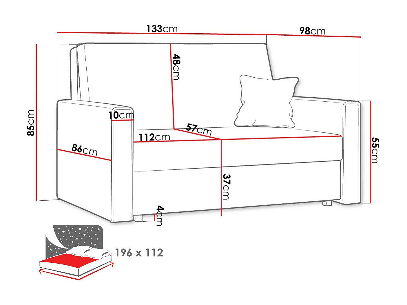 Canapé convertible Columbus 189, Disponible, 85x133x98cm, Mobilier déjà assemblé