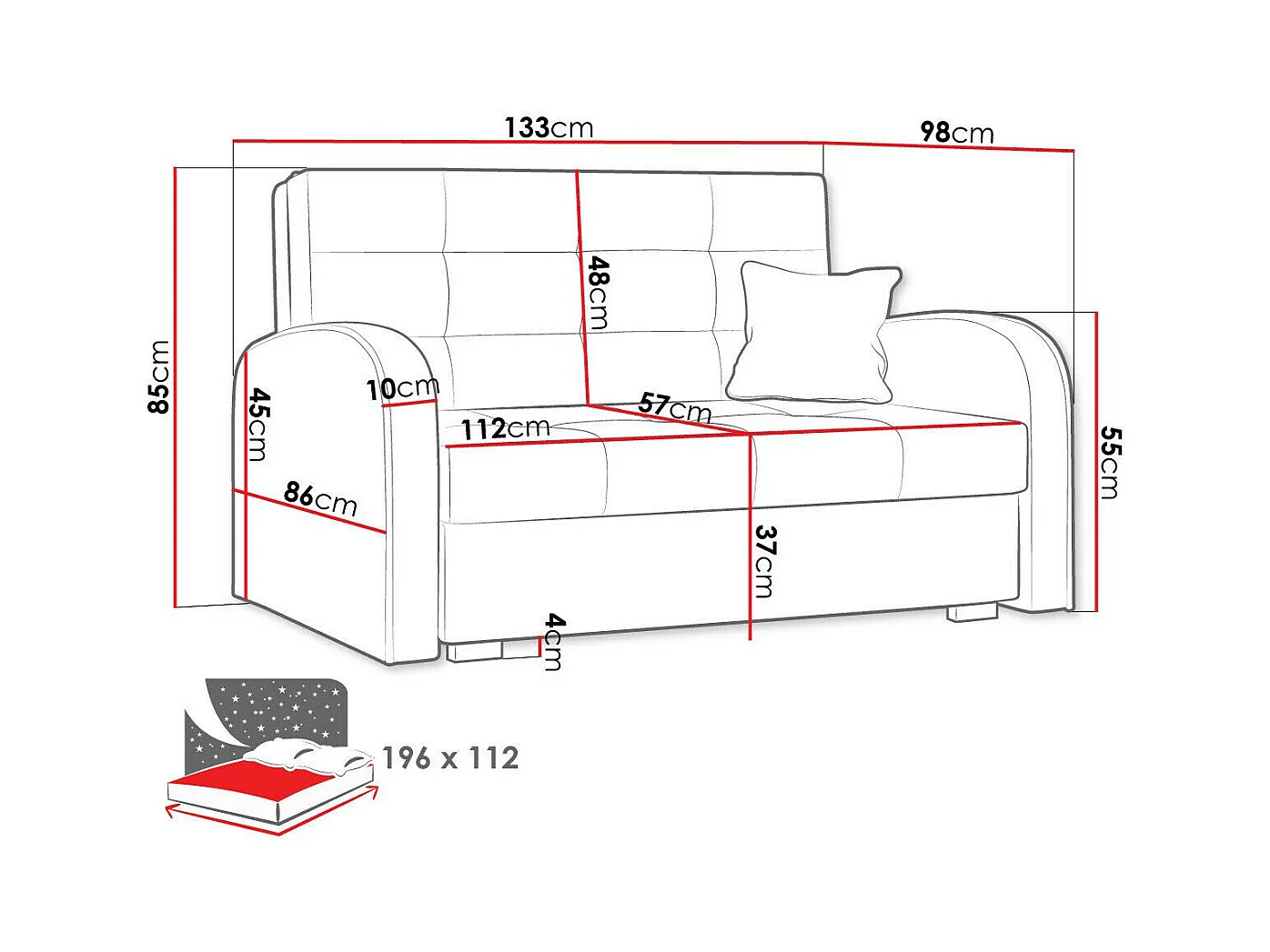Sofá-cama Columbus 115, Almacenaje, 85x133x98cm, Muebles ya montados