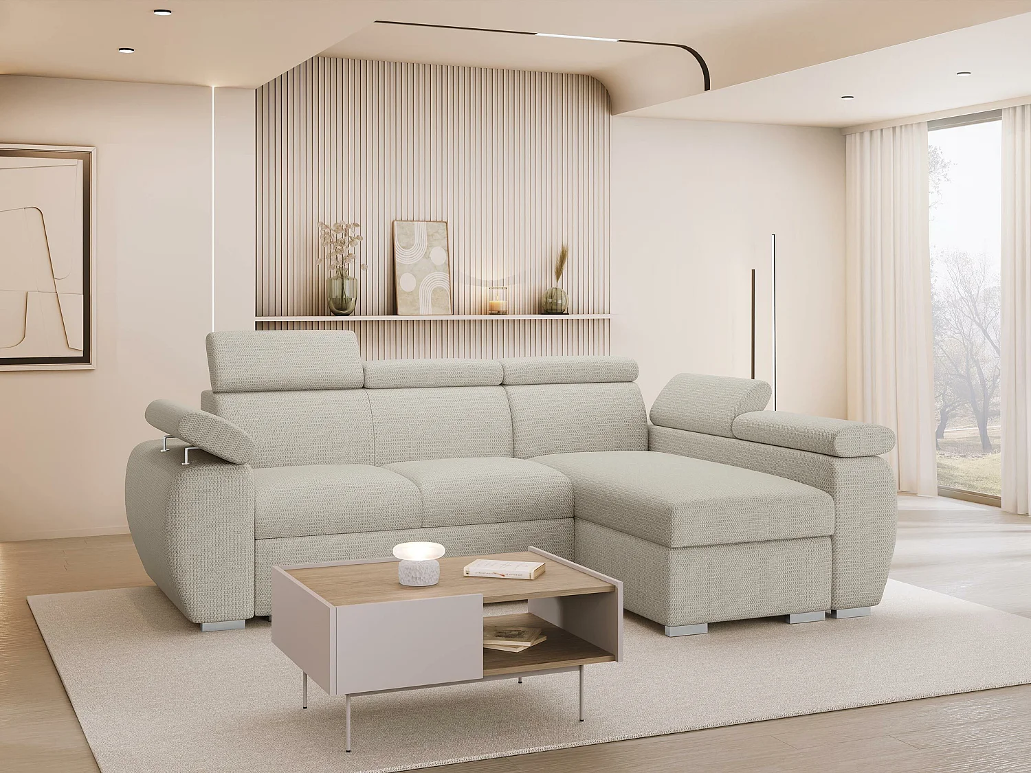 Canapé d'angle Columbus 132, Crème, Disponible, 255x170x85cm