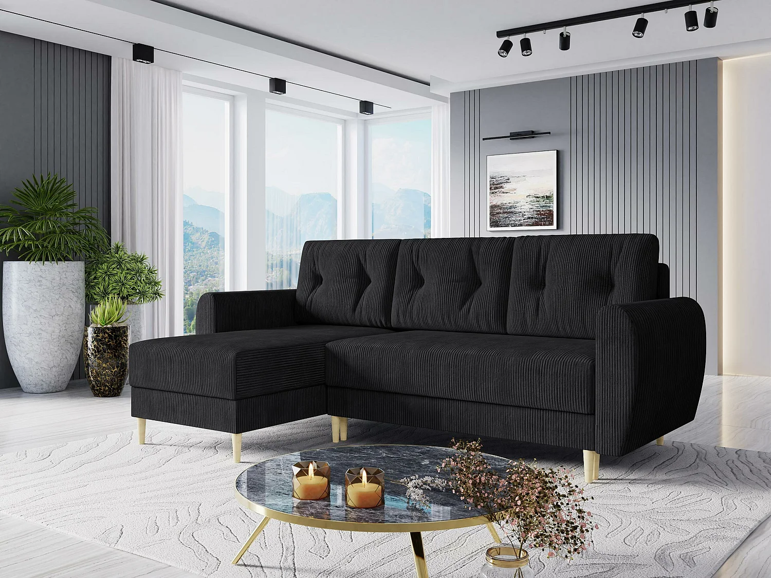 Sofá rinconero Memphis 139, Negro, Función de descanso, Almacenaje, 234x139x95cm