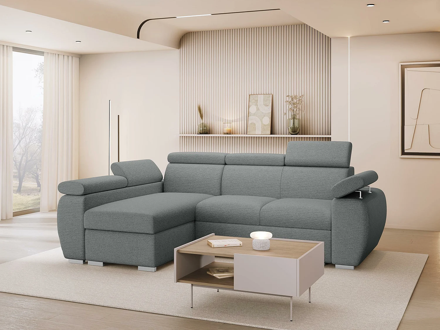 Canapé d'angle Columbus 132, Gris foncé, Disponible, 255x170x85cm