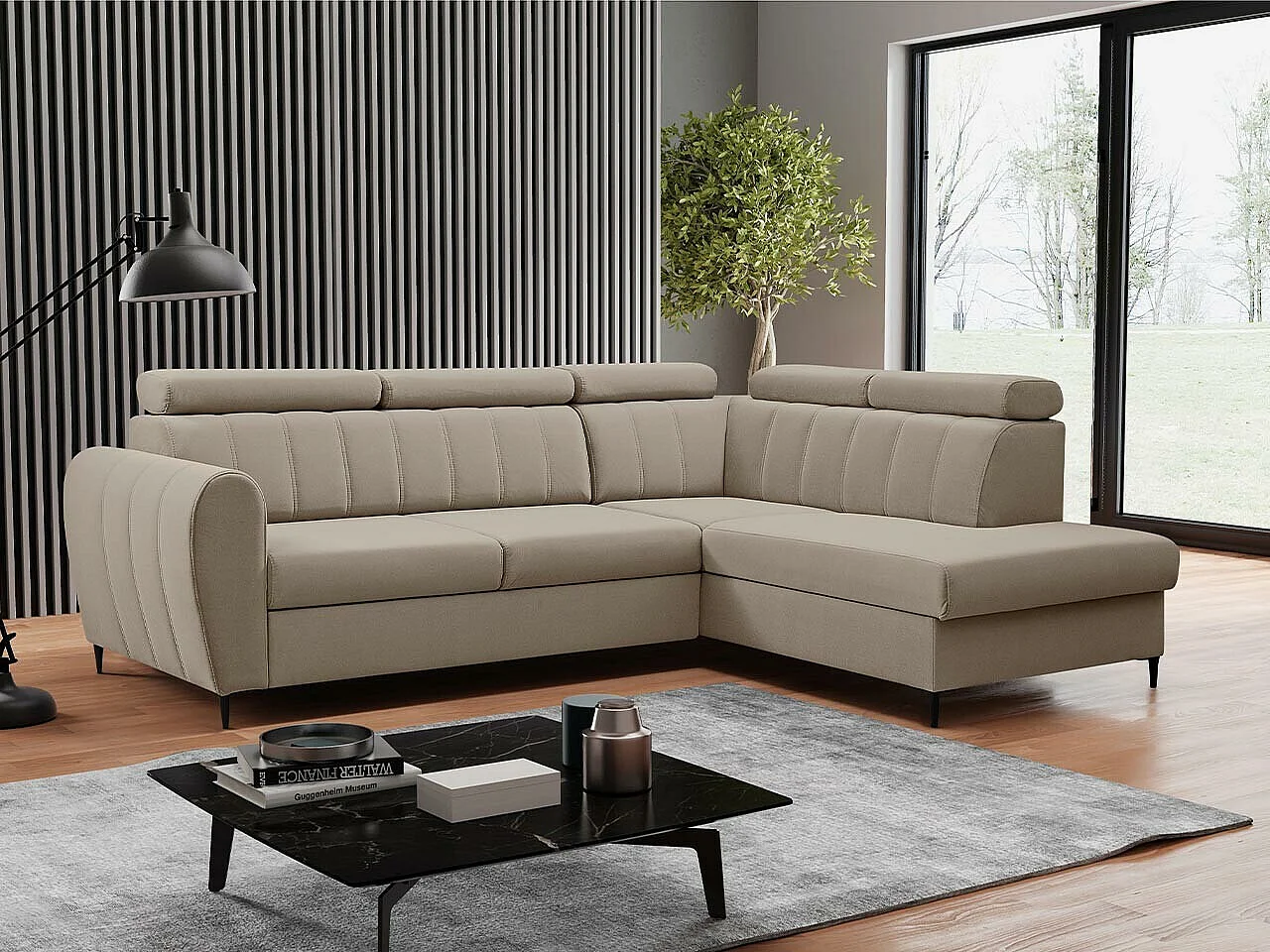 Sofá rinconero Temple 125, De color marrón claro, Función de descanso, Almacenaje, 264cm