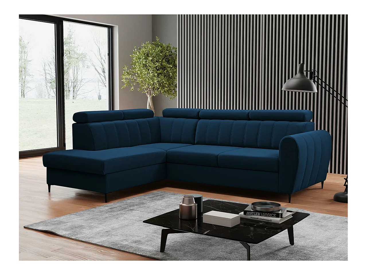 Canapé d'angle Temple 125, Bleu, Fonction de couchage, Boîte de literie, 264x200x90cm