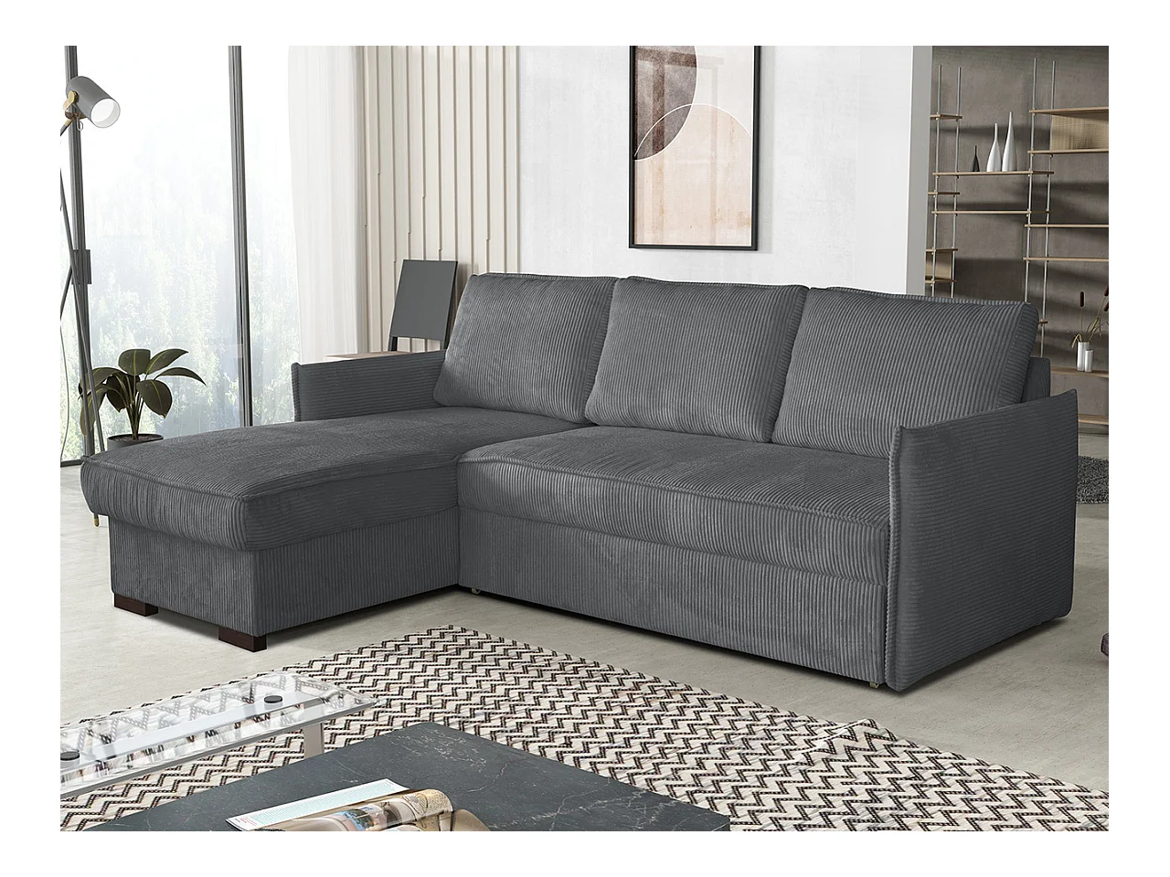 Canapé d'angle Columbus 208, Gris, Fonction de couchage, Boîte de literie, 220x160x90cm