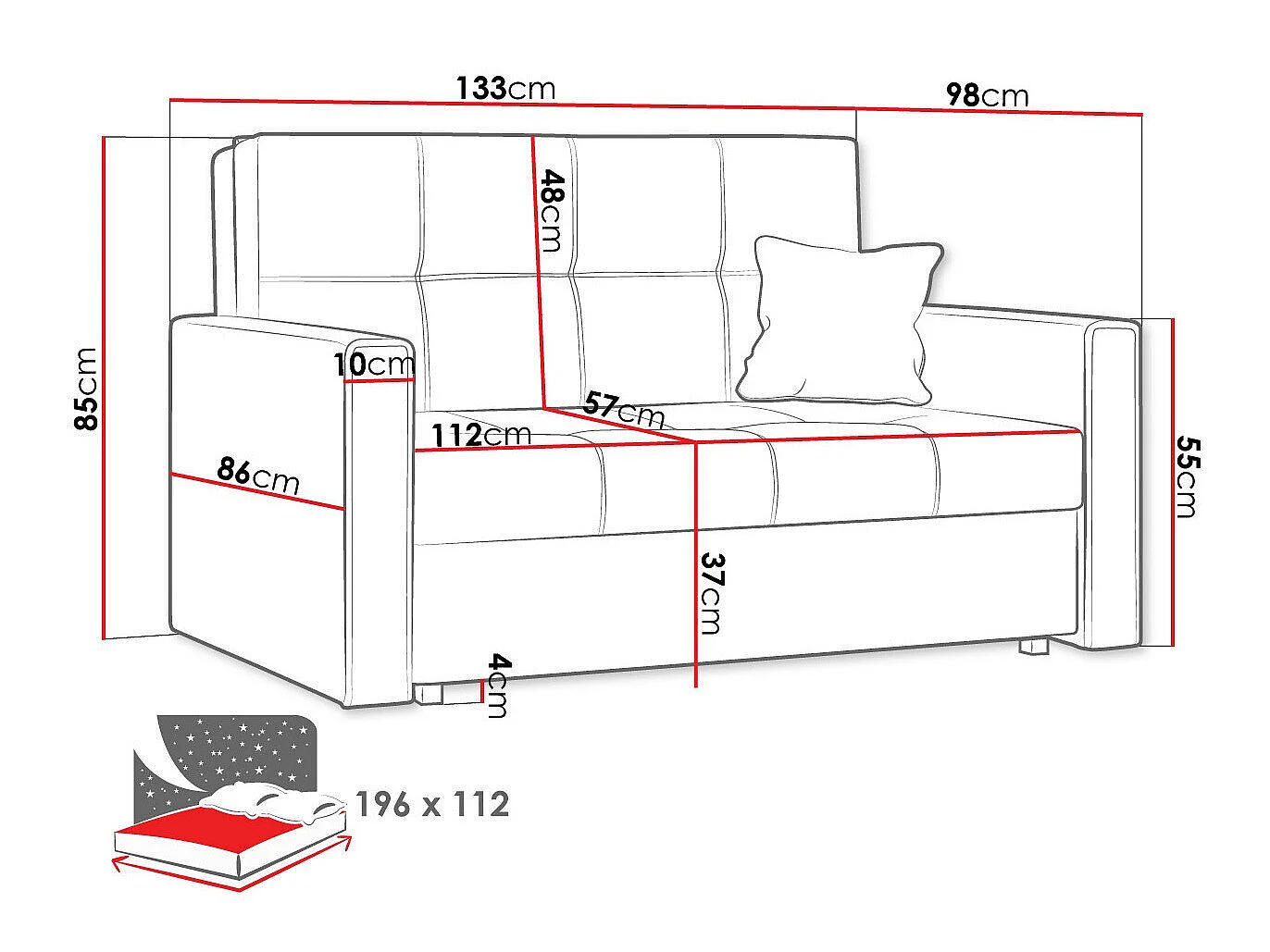 Sofá cama Nuvora II, Almacenaje, Muebles ya montados, 9x13x10cm
