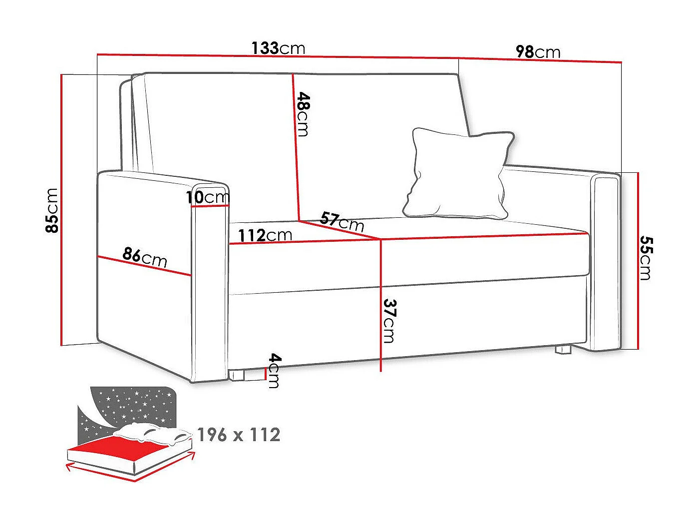 Sofá cama Columbus 189, Cama com arrumação, 9x13x10cm