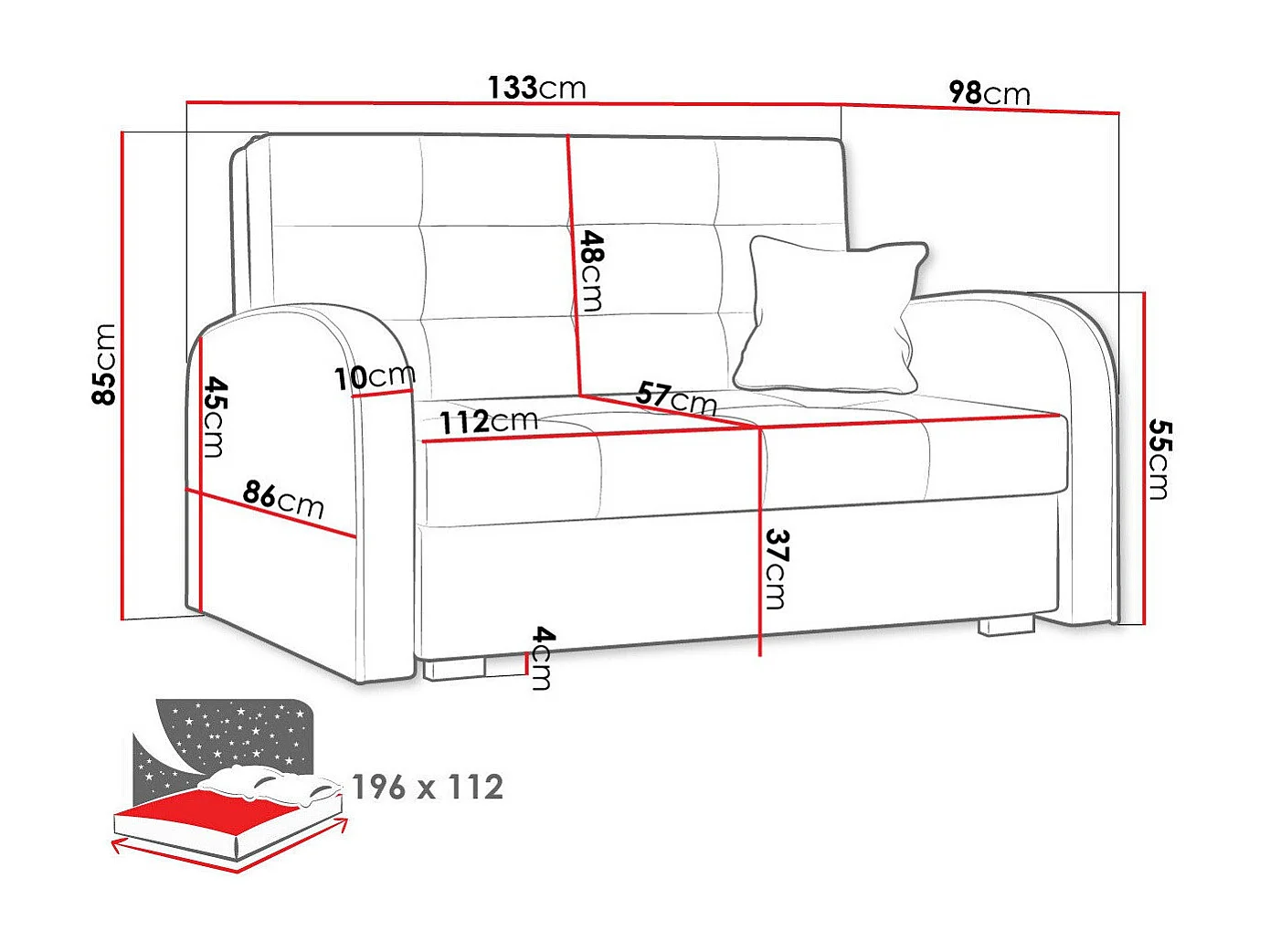 Sofá-cama Columbus 115, Almacenaje, 85x133x98cm, Muebles ya montados