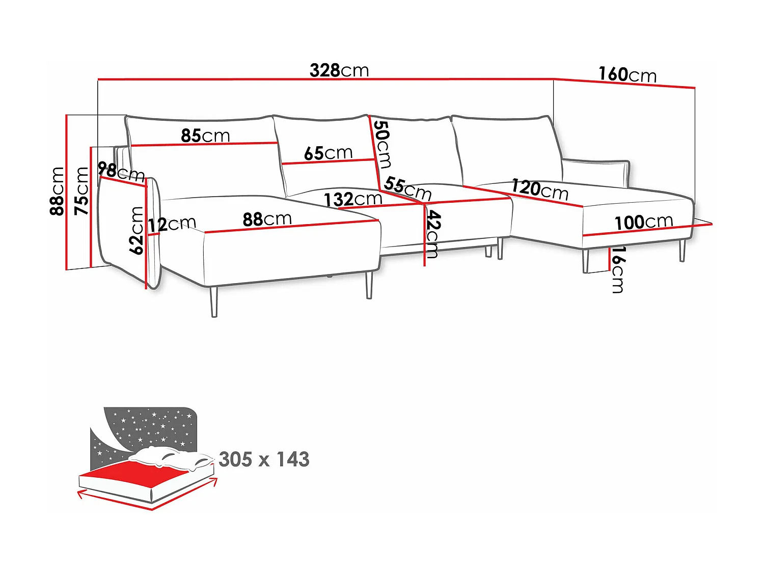 Canapé d'angle Columbus 223, Gris, Disponible, 328x160x88cm