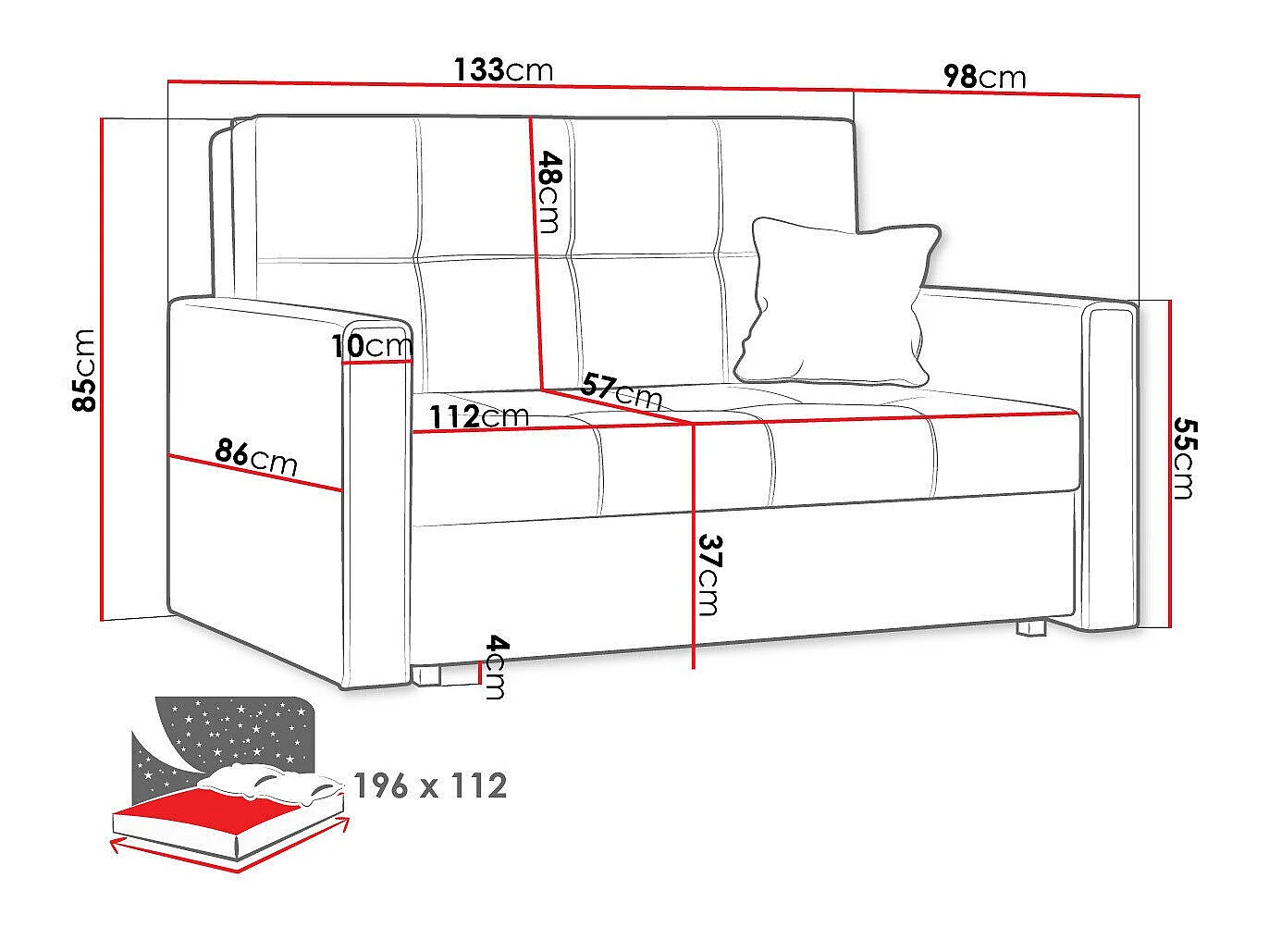 Sofá cama Nuvora II, Almacenaje, Muebles ya montados, 9x13x10cm