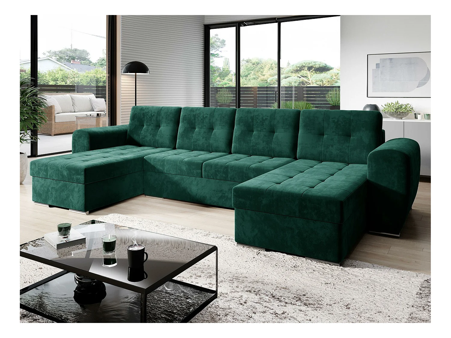 Sofá rinconero Arvada 117, Verde, Función de descanso, Almacenaje, 326x157x97cm