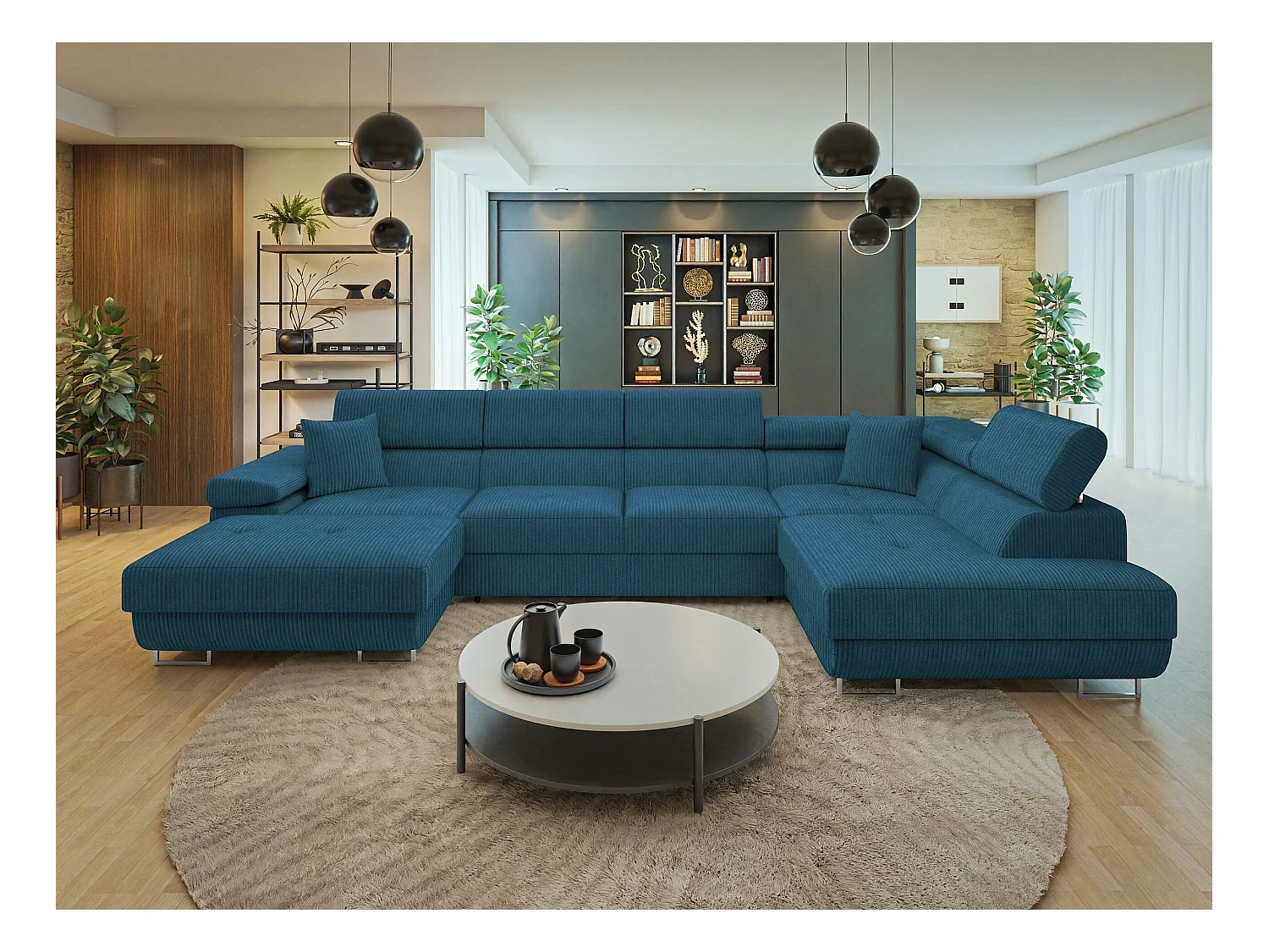 Canapé d'angle Comfivo Eliferu 103, Bleu, Fonction de couchage, Boîte de literie, 346cm
