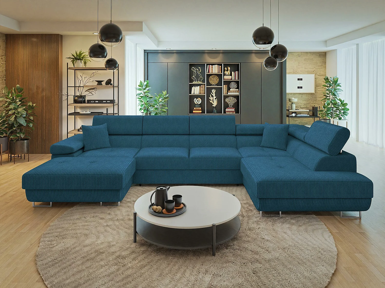 Sofá rinconero Comfivo Eliferu 103, Azul, Función de descanso, Almacenaje, 346x203x70cm