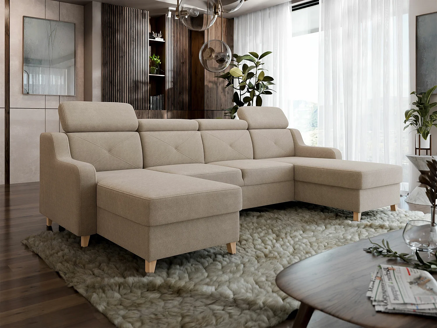 Sofá de canto Temple 129, Castanho claro, Funcionalidade de dormir