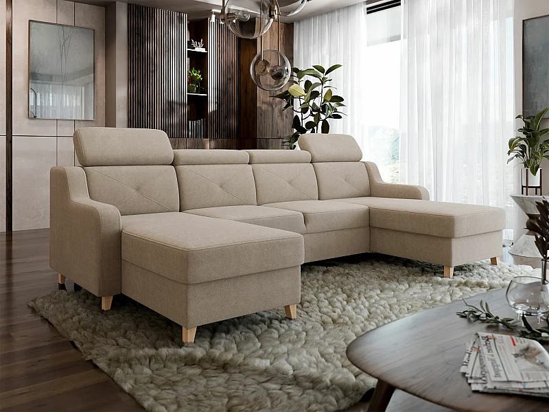 Sofá rinconero Temple 129, De color marrón claro, Función de descanso, Almacenaje, 286cm