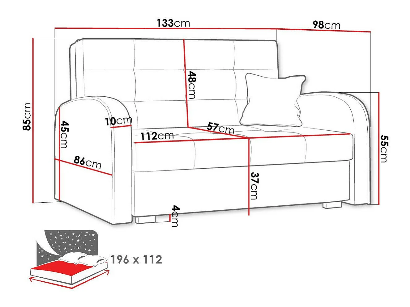 Canapé convertible 2 places en tissu rouge COLUMBUS 85x133x98 cm