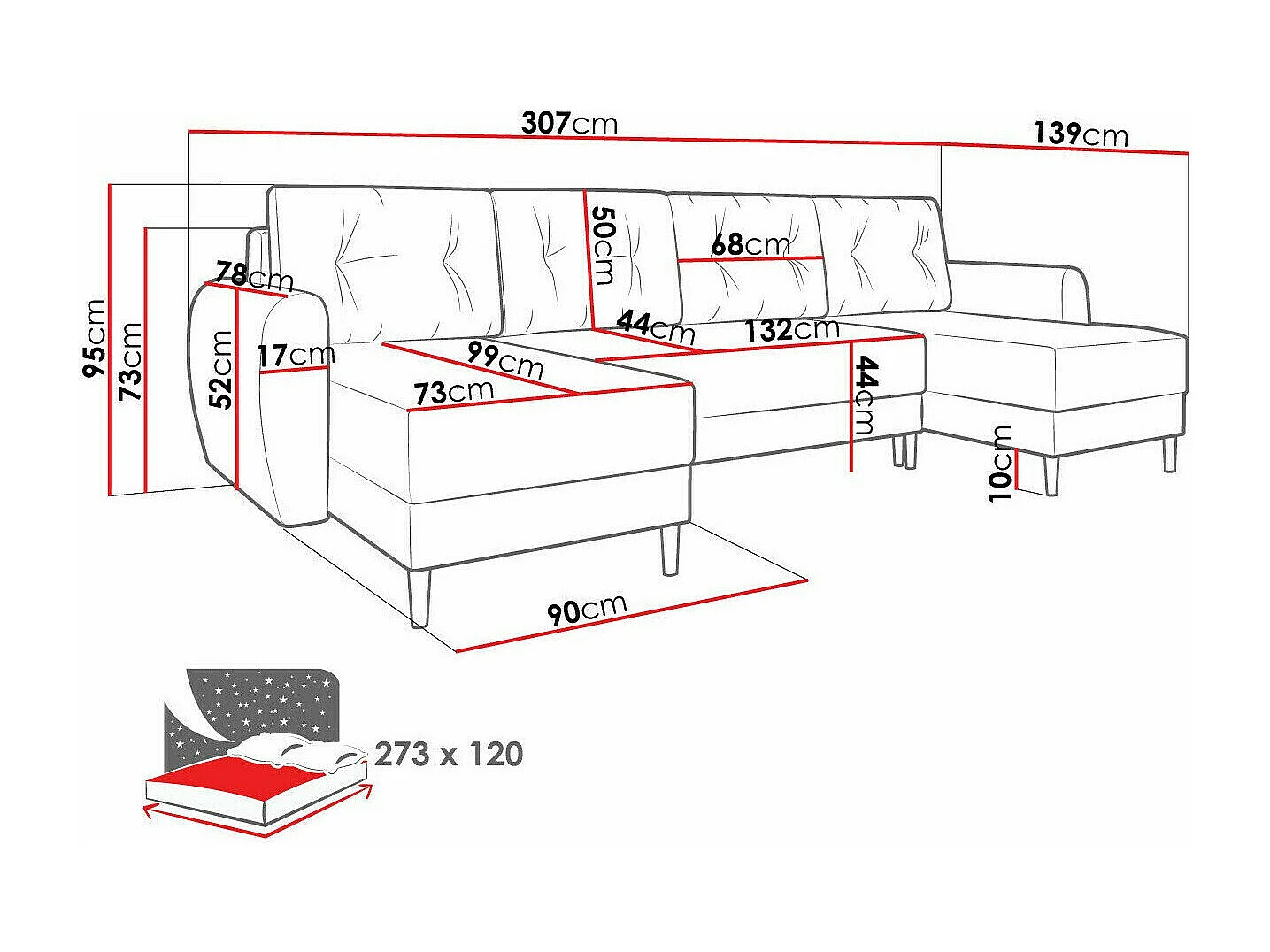 Canapé d'angle Memphis 140, Marron, Fonction de couchage, Boîte de literie, 307x139x95cm