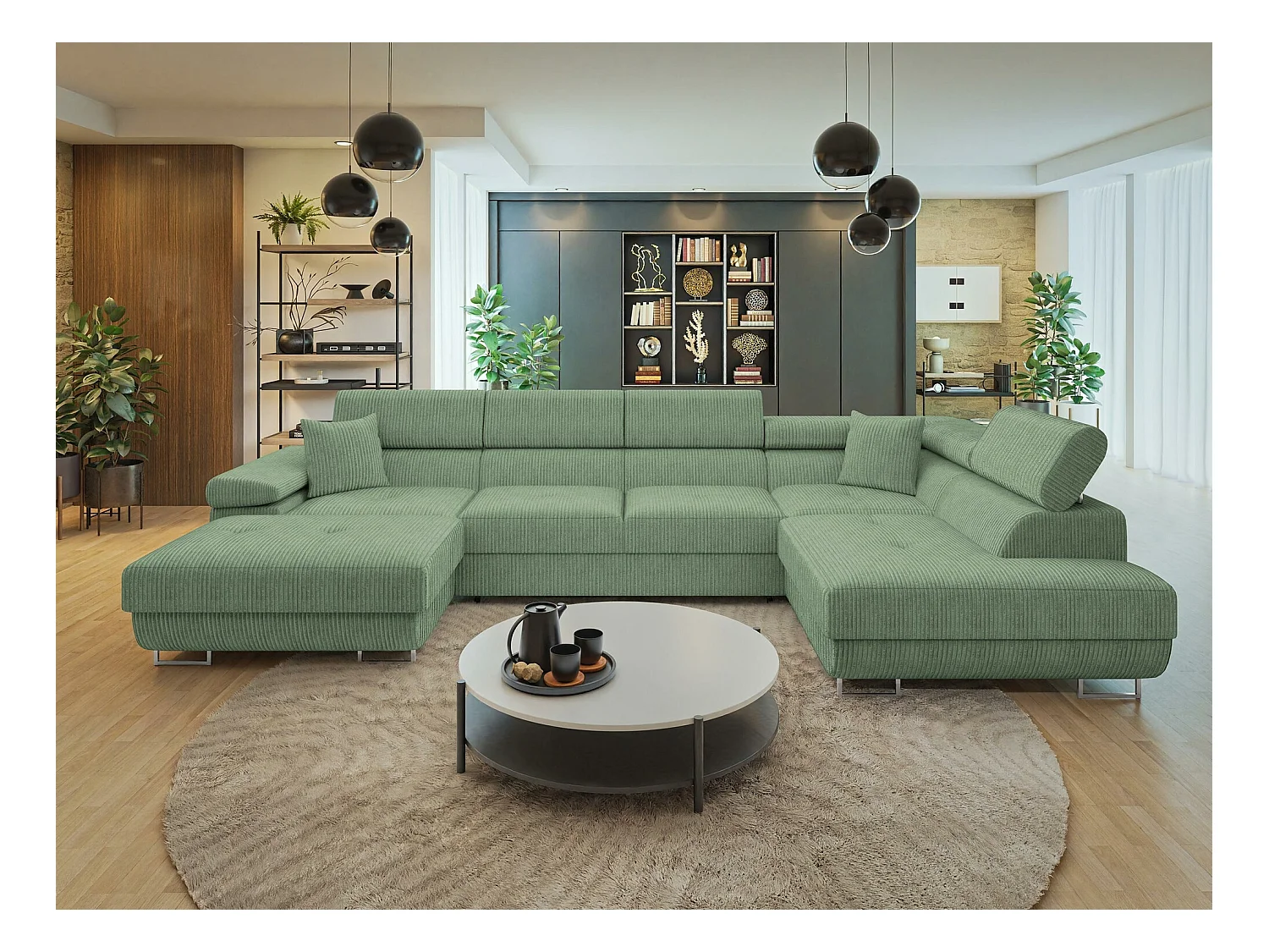 Canapé d'angle Comfivo Eliferu 103, Vert, Fonction de couchage, Boîte de literie, 346cm