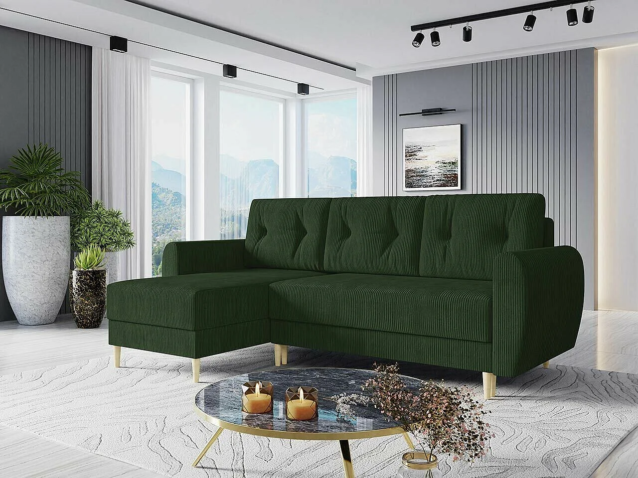 Canapé d'angle Memphis 139, Vert, Fonction de couchage, Boîte de literie, 234x139x95cm