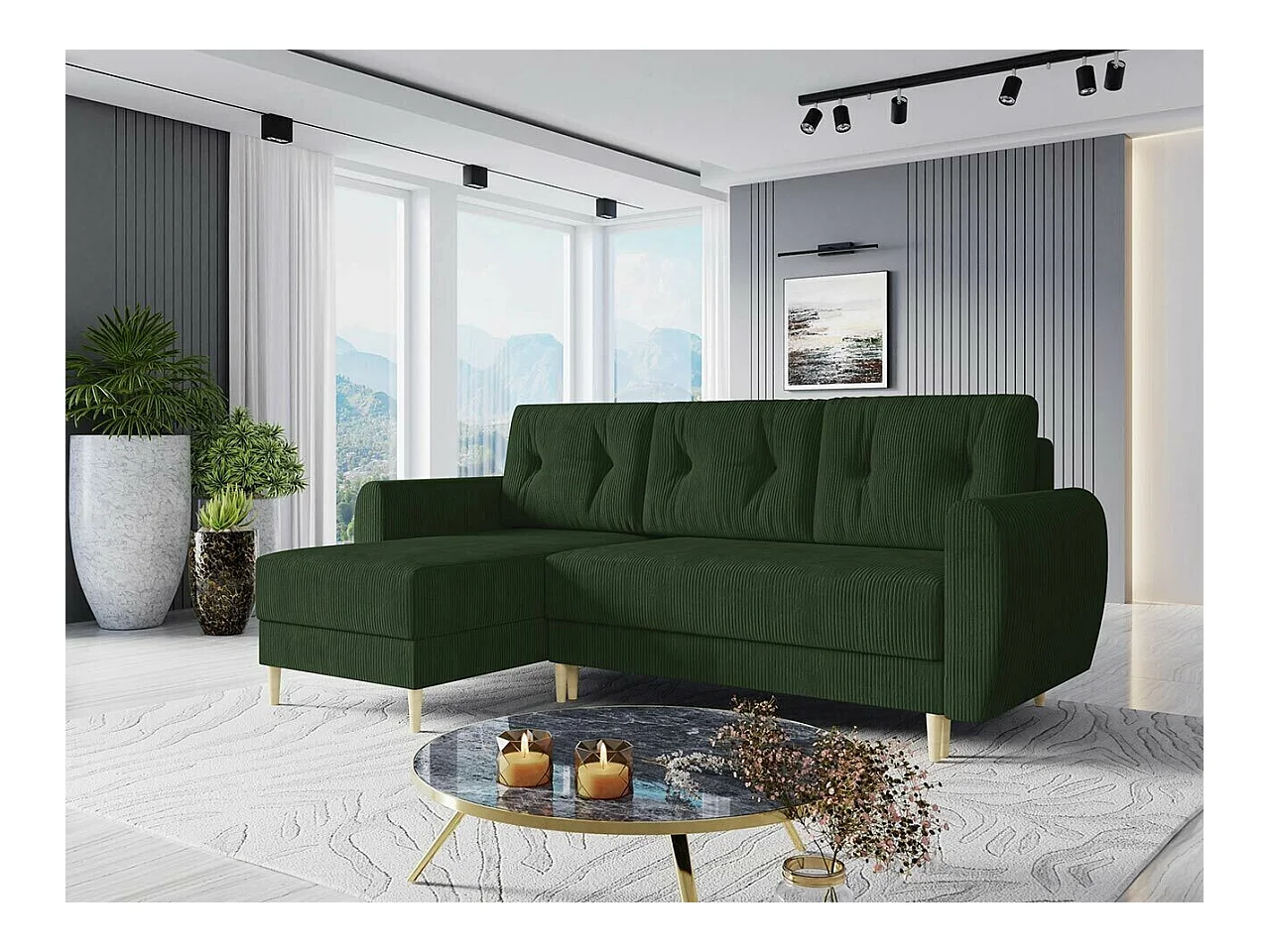 Sofá rinconero Memphis 139, Verde, Función de descanso, Almacenaje, 234x139x95cm
