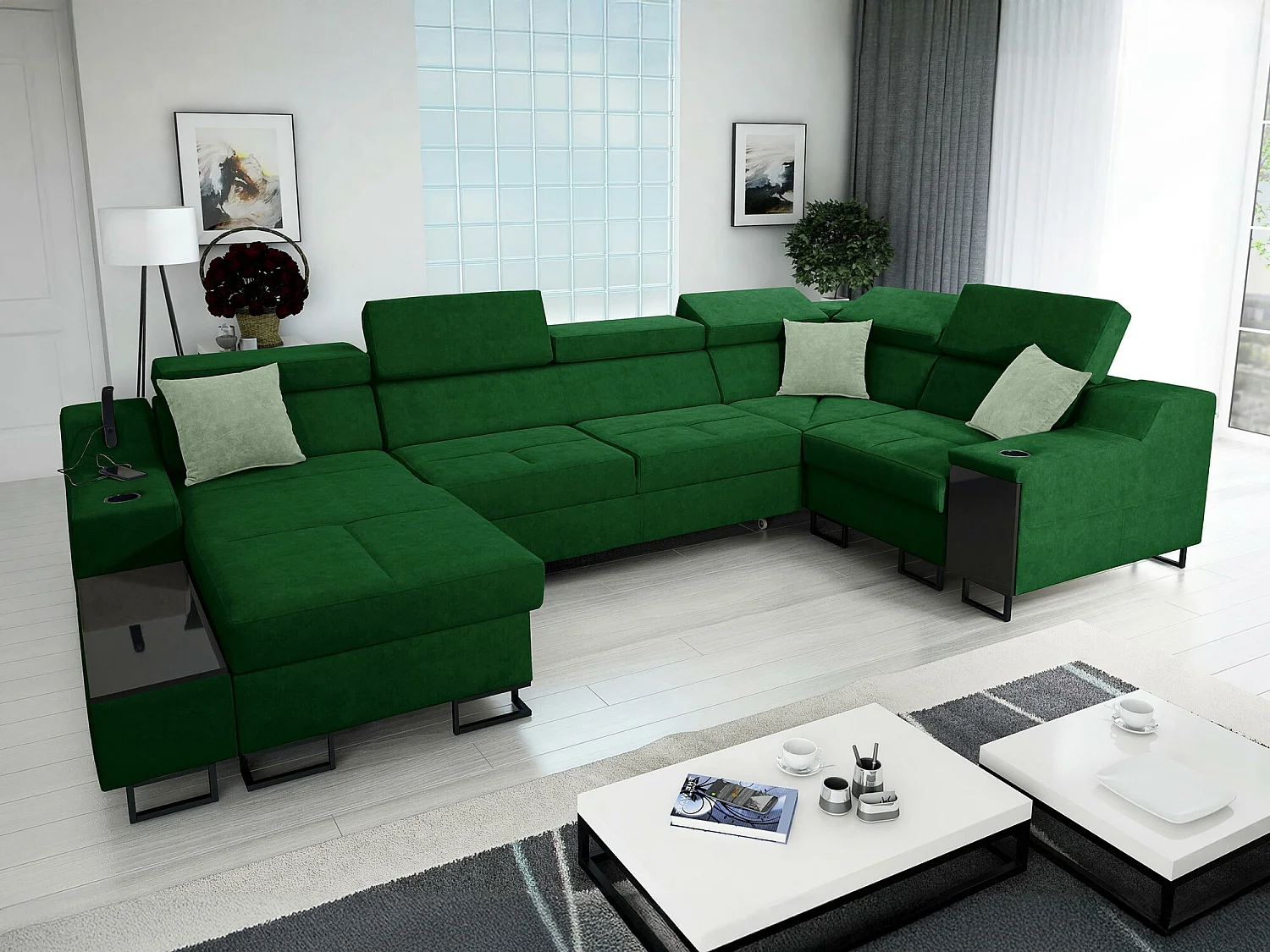 Canapé d'angle Sarasota 137, Vert, Fonction de couchage, Boîte de literie, 342x211x100cm