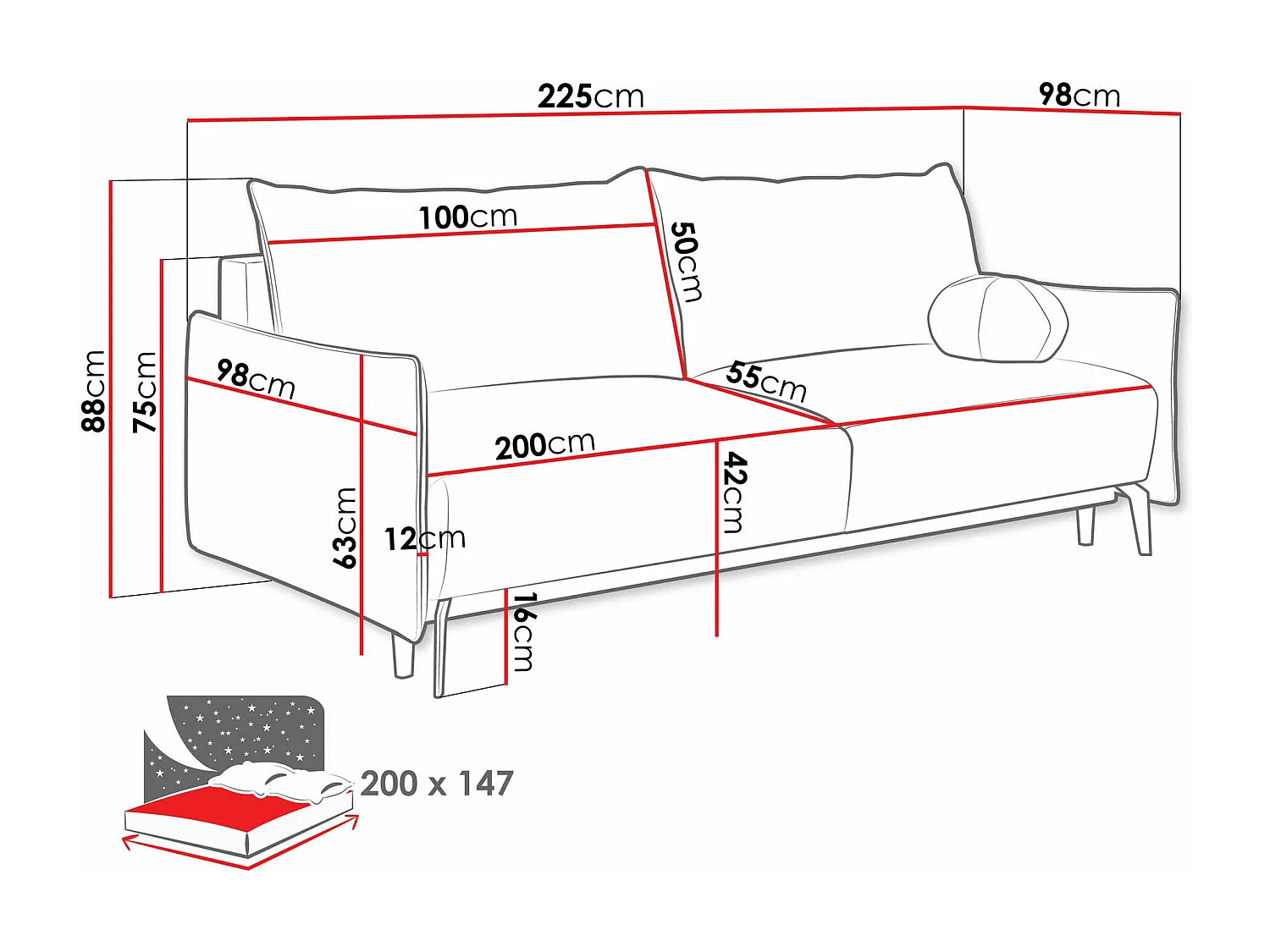 Sofá-cama Columbus 216, Cama com arrumação, 9x23x10cm