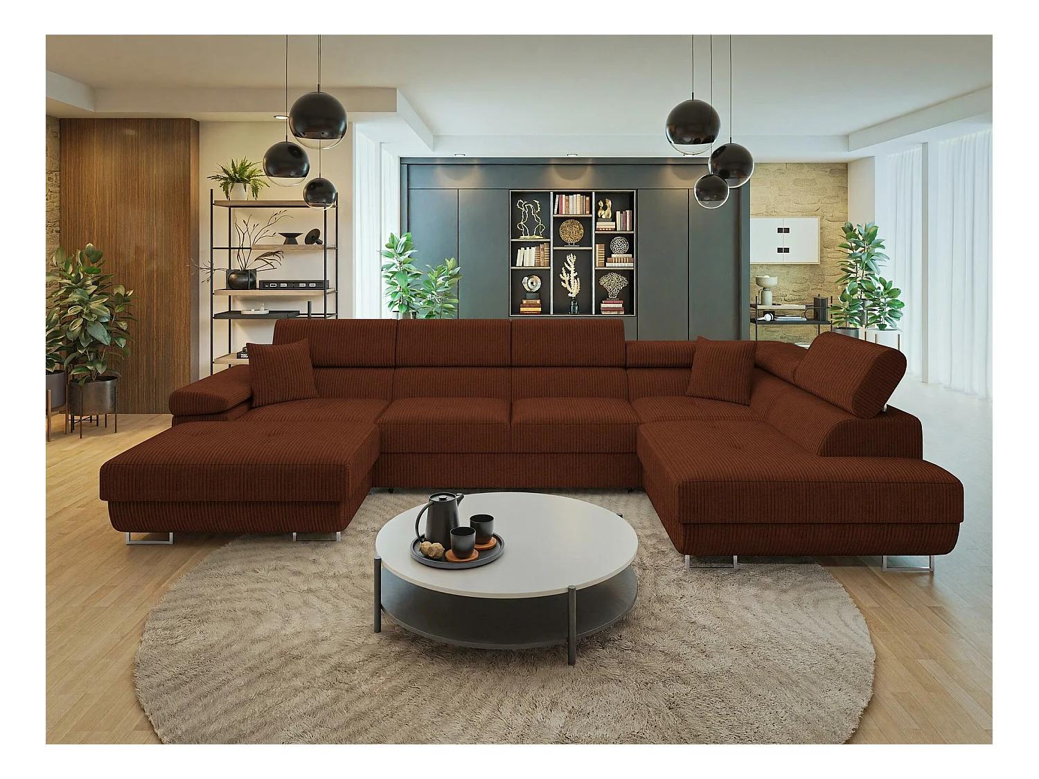 Canapé d'angle Comfivo Eliferu 103, Marron, Fonction de couchage, Boîte de literie, 346cm