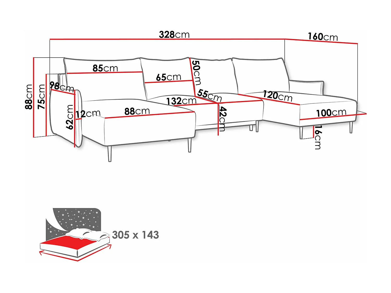 Sofá rinconero Columbus 223, Amarillo, Función de descanso, Almacenaje, 328x160x88cm