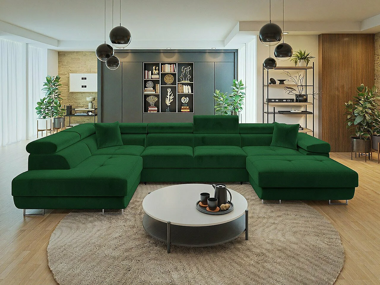 Sofá rinconero Comfivo Eliferu 103, Verde, Función de descanso, Almacenaje, 346x203x70cm