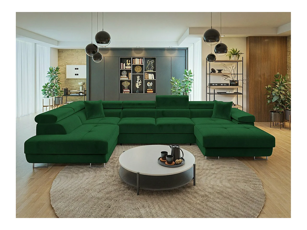 Canapé d'angle Comfivo Eliferu 103, Vert, Fonction de couchage, Boîte de literie, 346cm