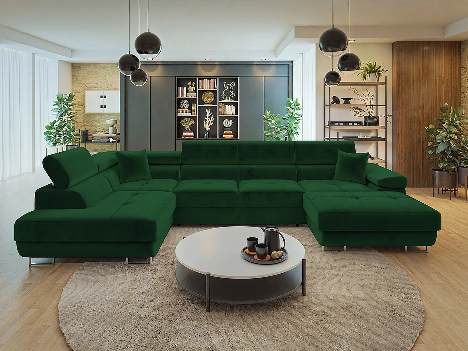 Sofá rinconero Comfivo Vinetum III, Verde, Función de descanso, Almacenaje, 346x203x70cm