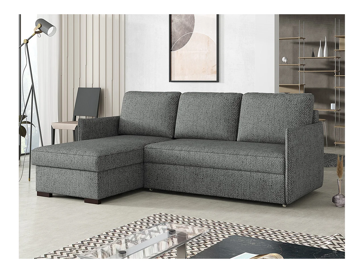 Canapé d'angle Columbus 208, Gris, Fonction de couchage, Boîte de literie, 220x160x90cm