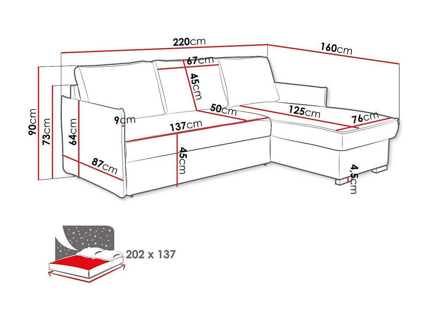 Canapé d'angle Columbus 208, Gris, Disponible, 220x160x90cm