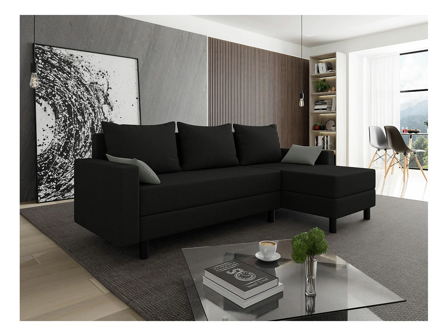 Canapé d'angle Delaware 100, Noir, Fonction de couchage, Boîte de literie, 238x123x77cm