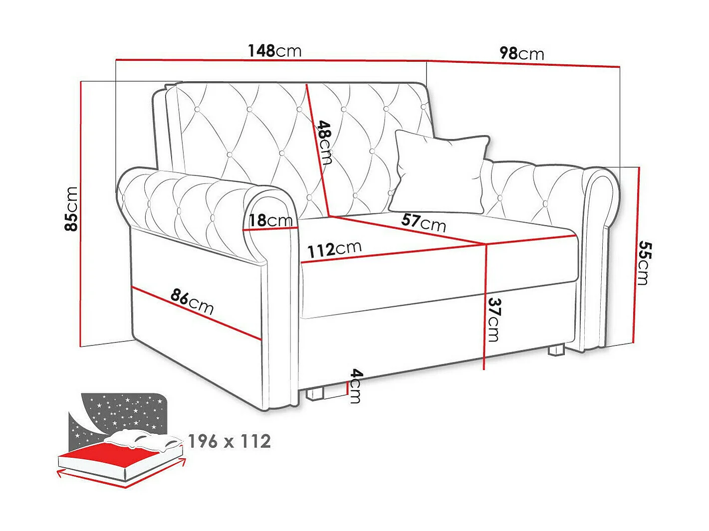 Divano letto Columbus 199, Con, 85x148x98cm, Mobile già assemblato