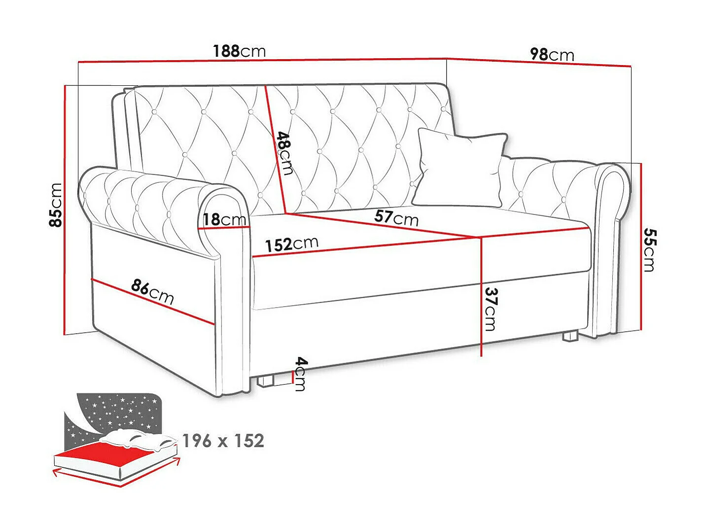 Canapé convertible Columbus 196, Disponible, 85x188x98cm, Mobilier déjà assemblé