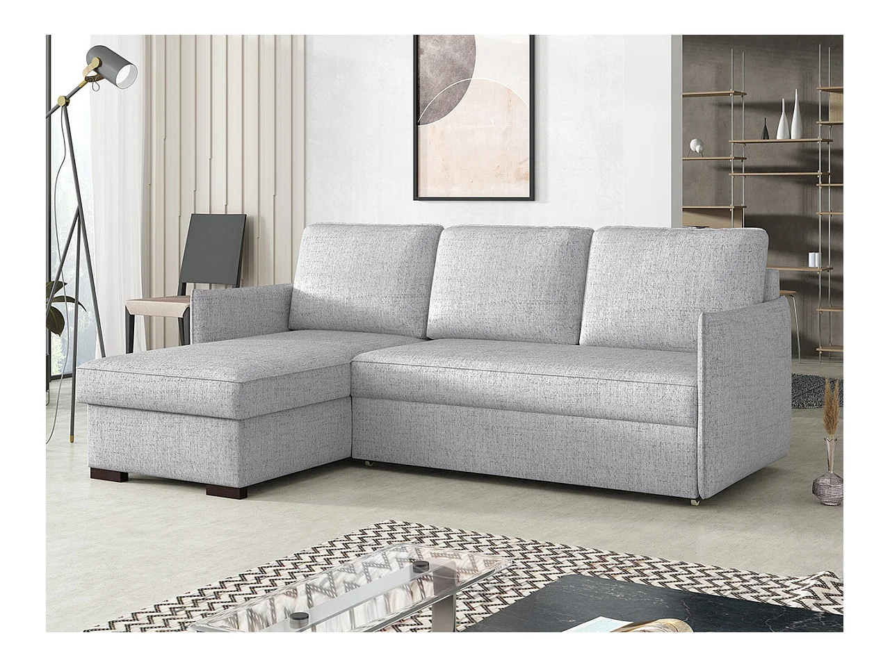 Canapé d'angle Columbus 208, Gris, Fonction de couchage, Boîte de literie, 220x160x90cm