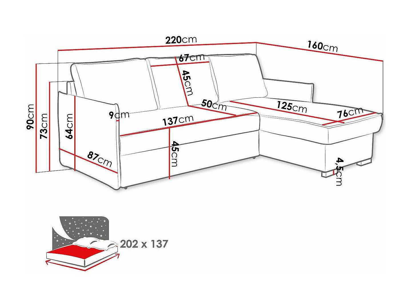 Canapé d'angle Columbus 208, Gris, Disponible, 220x160x90cm