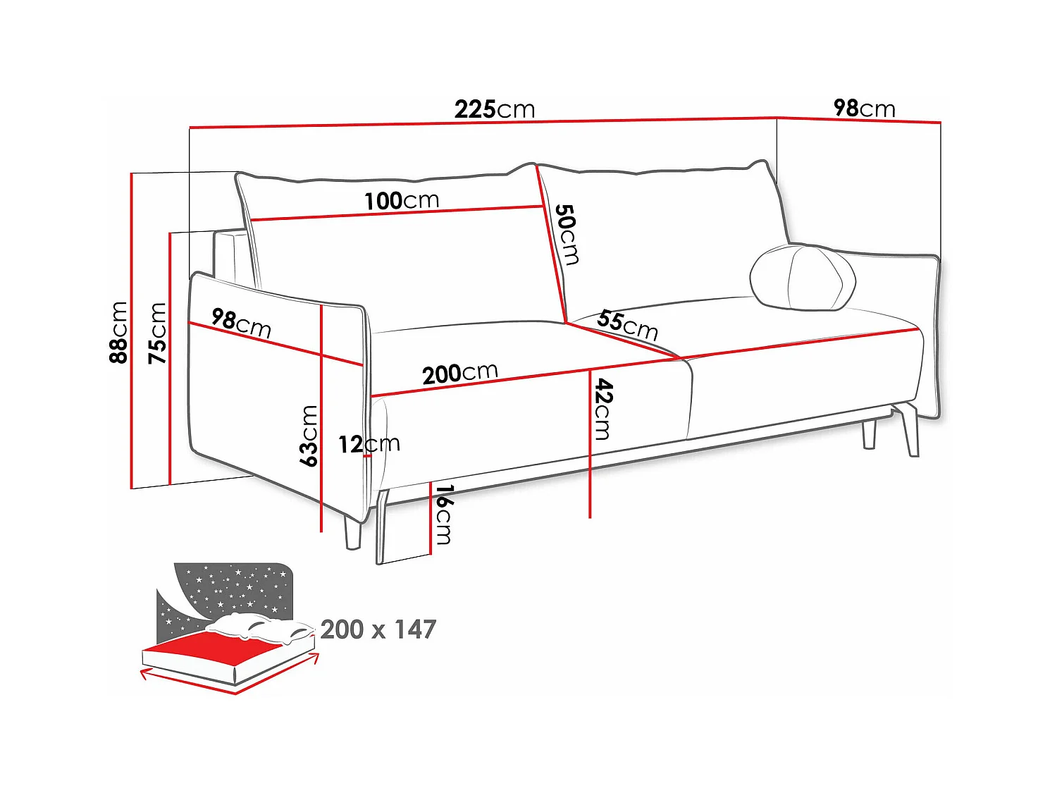 Sofá cama Columbus 216, Cama com arrumação, 9x23x10cm
