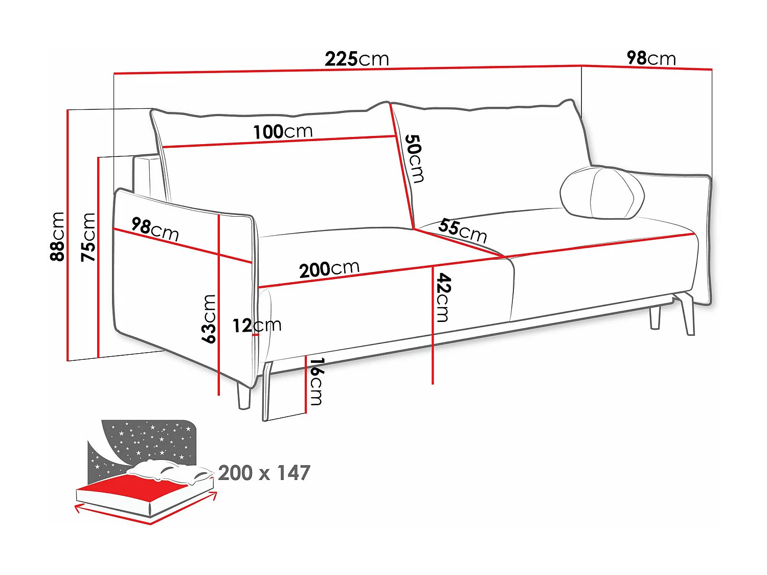 Sofá-cama Columbus 216, Almacenaje, 88x225x98cm