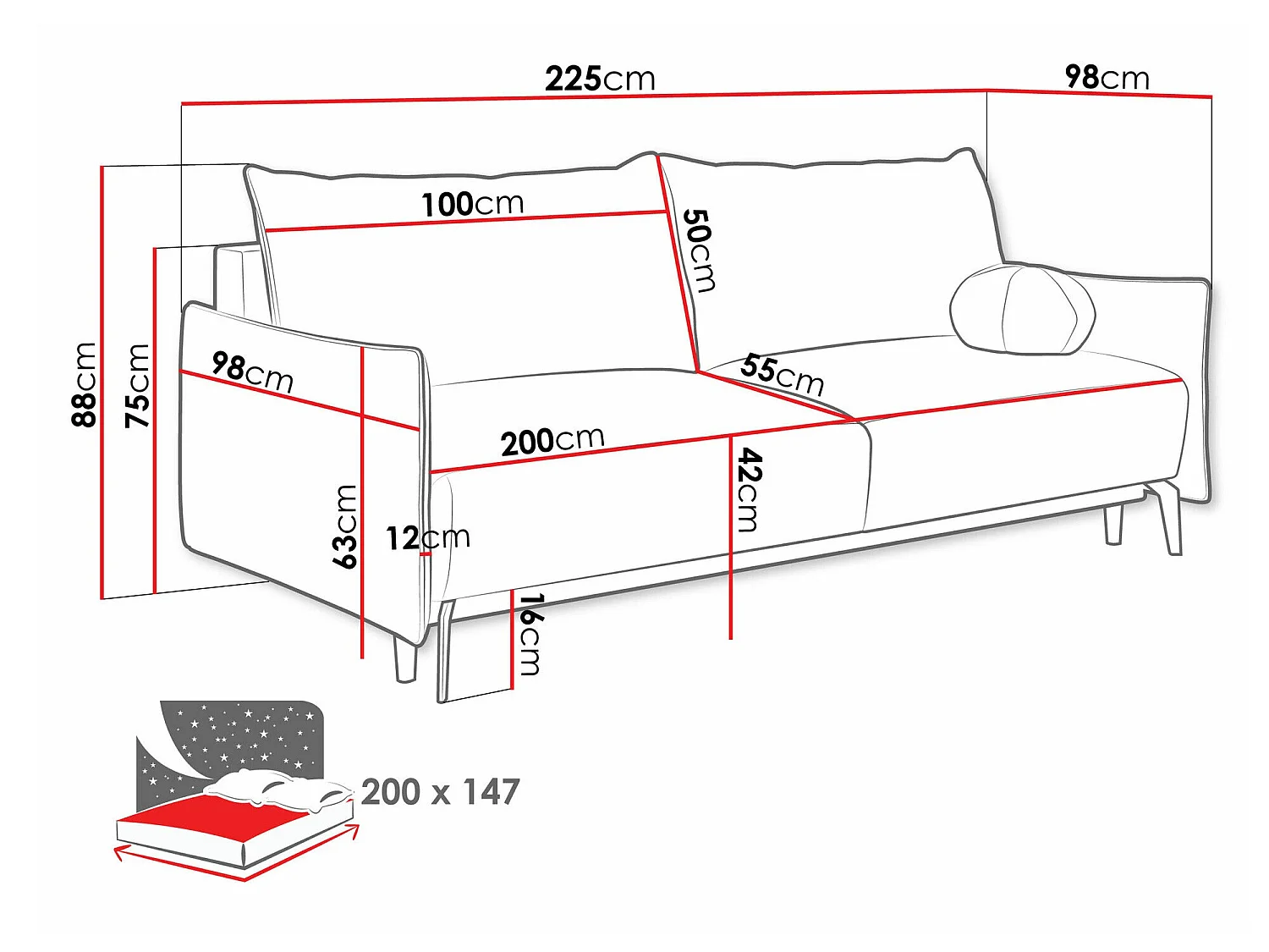 Sofá cama Columbus 216, Almacenaje, 9x23x10cm