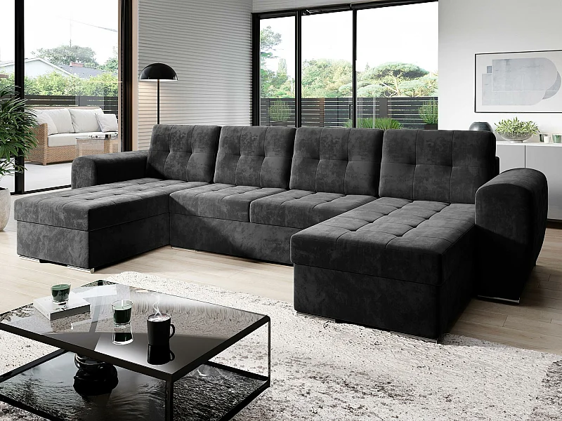 Sofá rinconero Arvada 117, Negro, Función de descanso, Almacenaje, 326x157x97cm