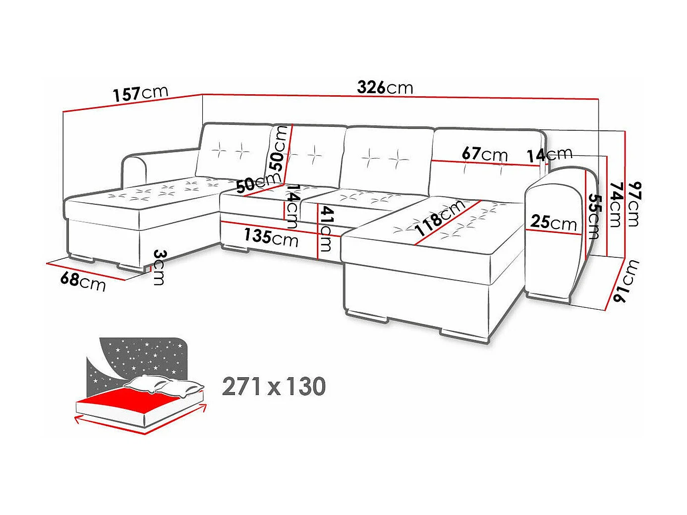 Divano angolare Arvada 117, Nero, Con, 326x157x97cm