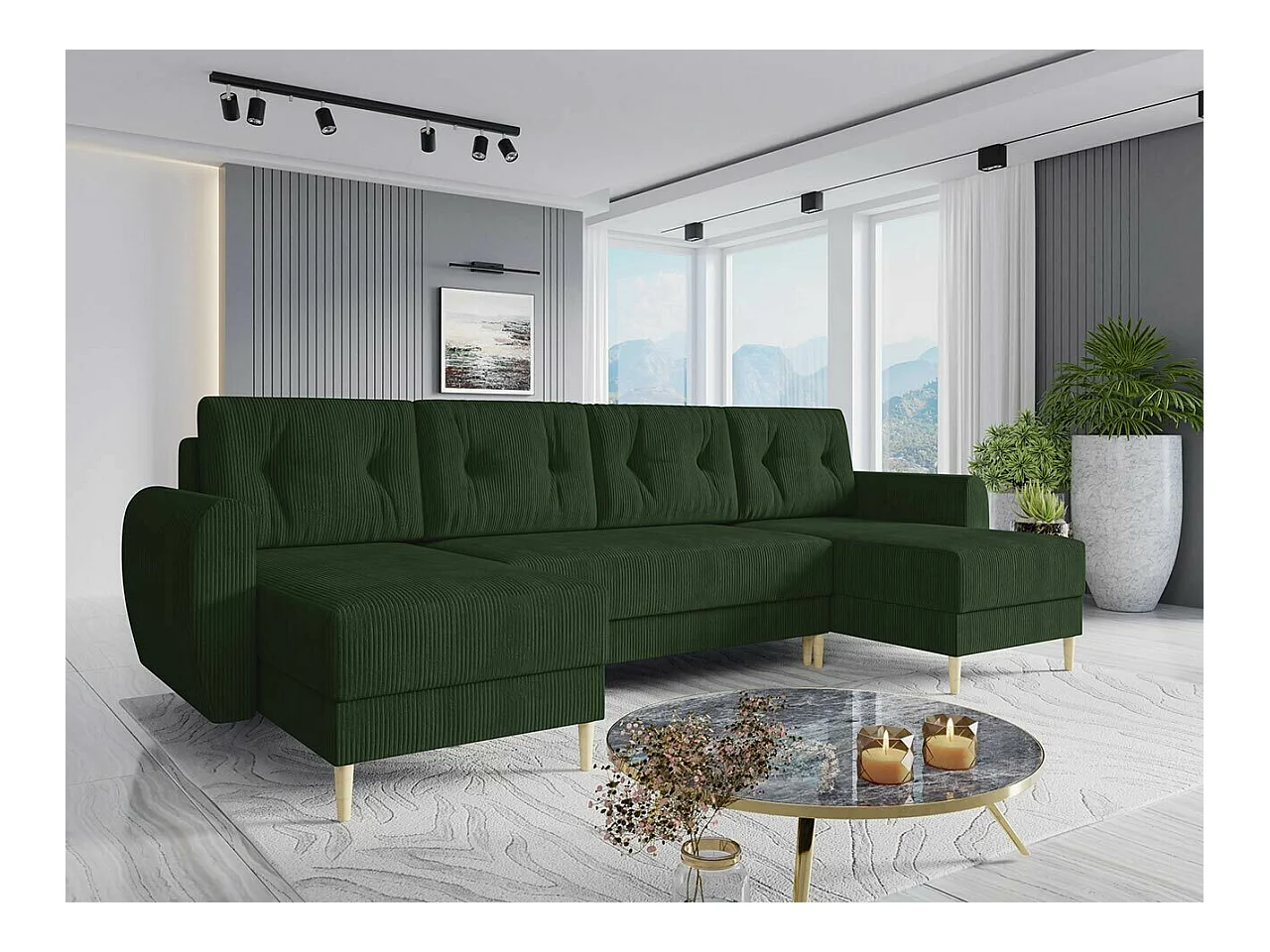 Sofá rinconero Memphis 140, Verde, Función de descanso, Almacenaje, 307x139x95cm