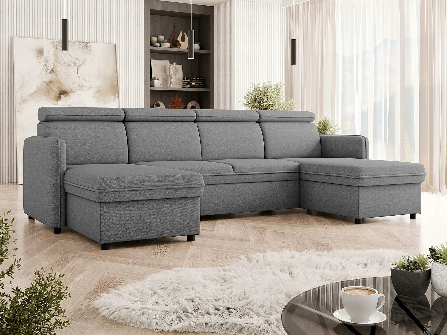 Sofá rinconero Temple 130, Gris, Función de descanso, Almacenaje, 284x166x84cm
