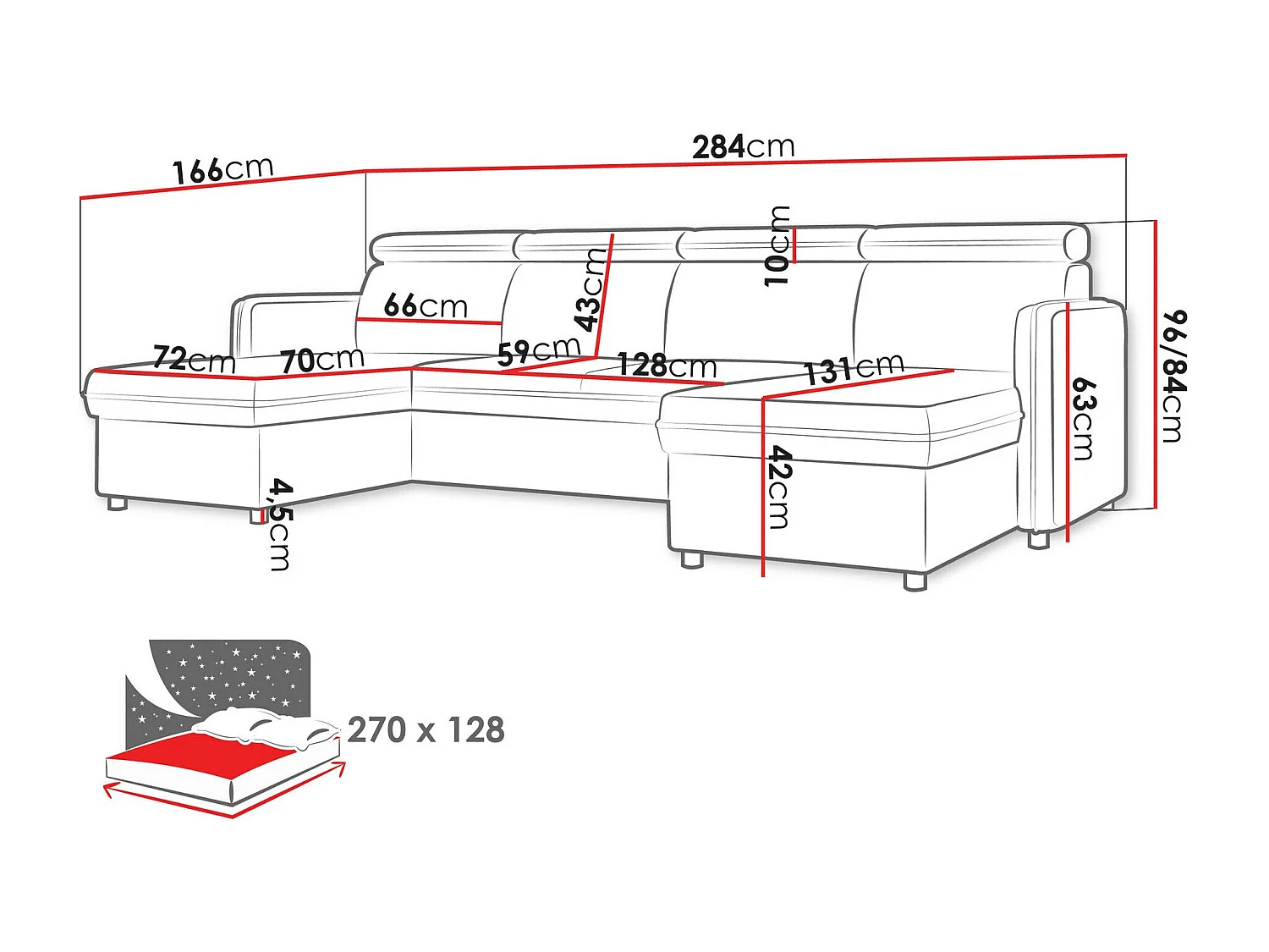 Sofá rinconero Temple 130, Gris, Función de descanso, Almacenaje, 284x166x84cm