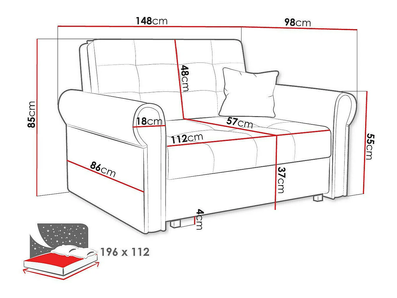 Canapé convertible 2 places en tissu noir COLUMBUS 85x148x98 cm