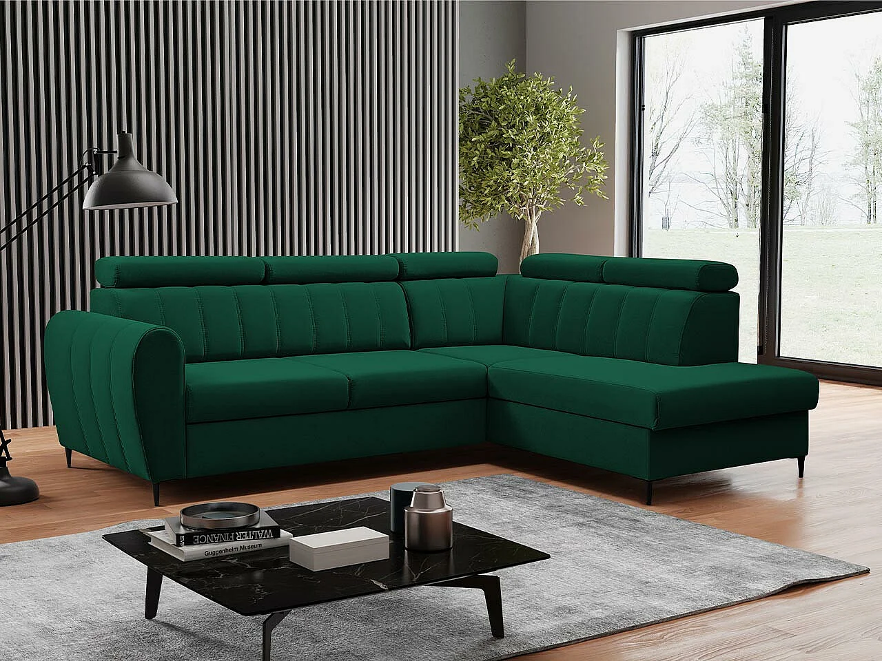 Sofá rinconero Temple 125, Verde, Función de descanso, Almacenaje, 264x200x90cm