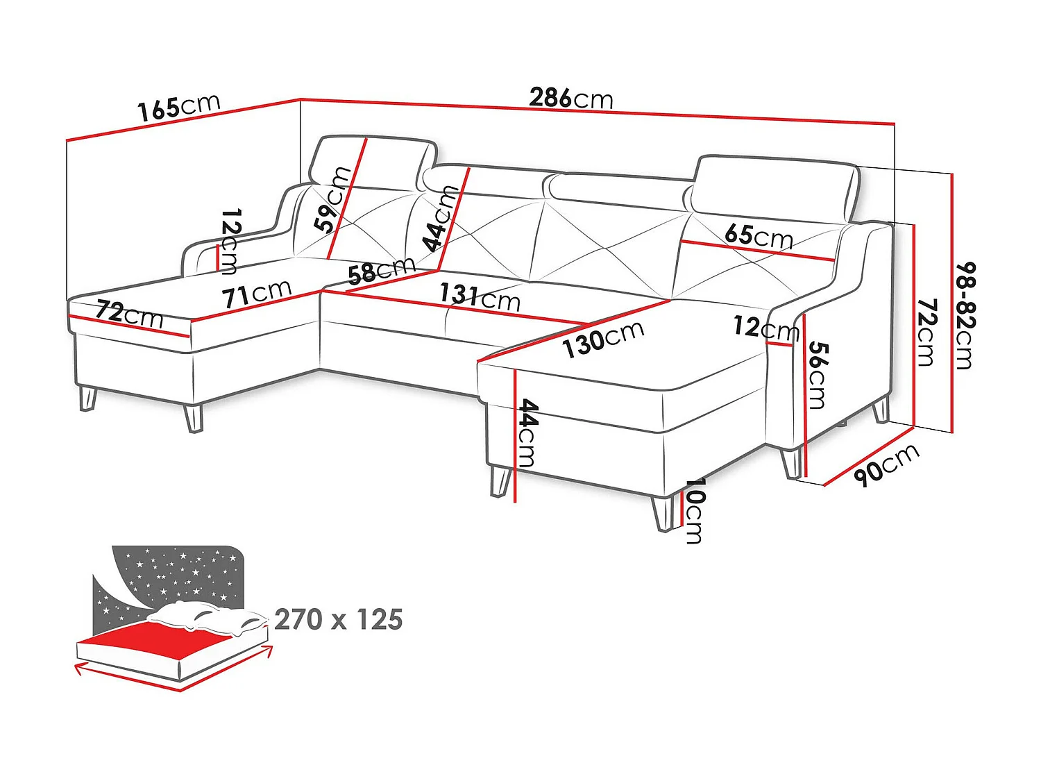 Sofá de canto Temple 129, Azul, Funcionalidade de dormir, 29x17x8cm