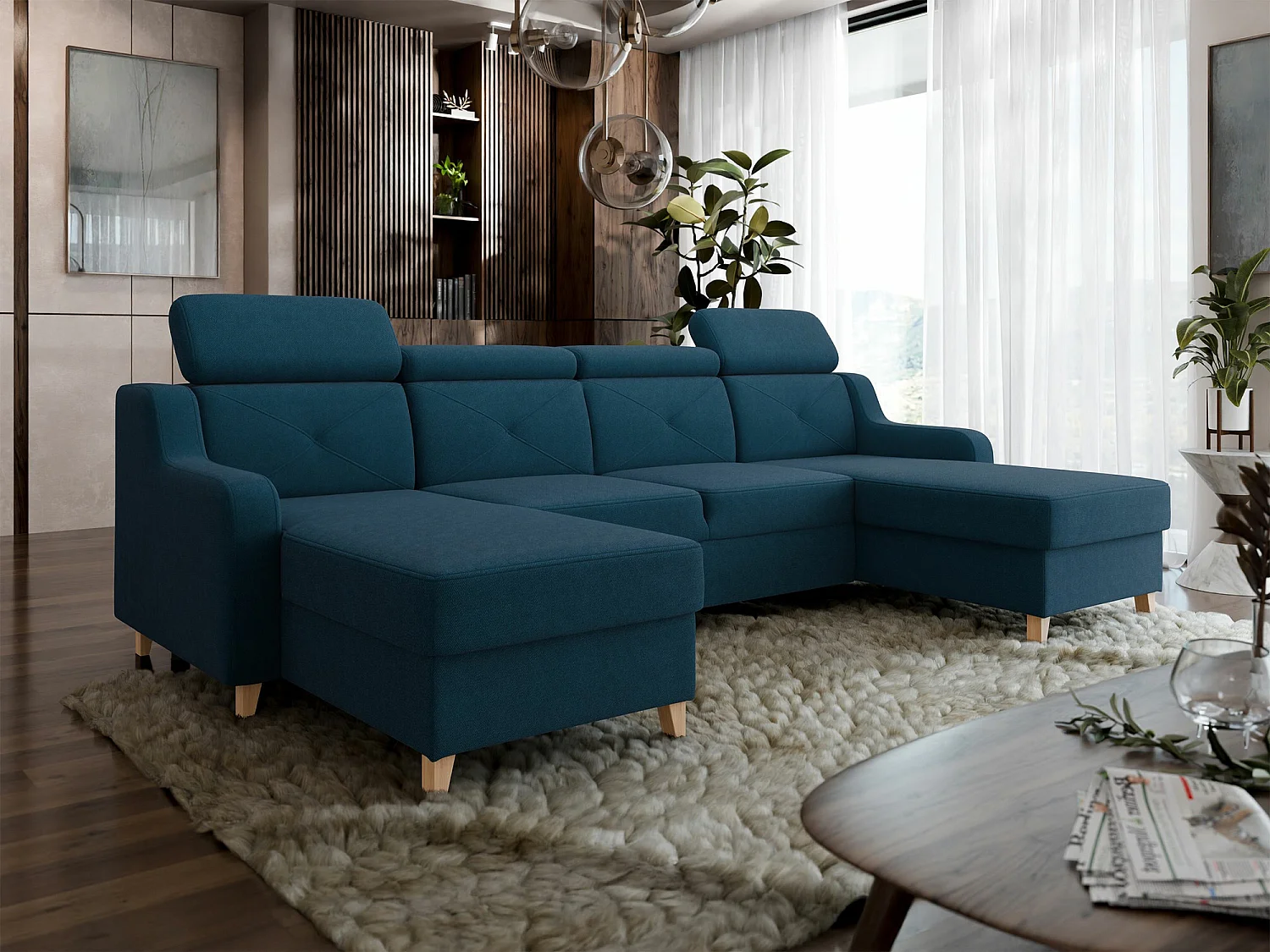 Sofá rinconero Temple 129, Azul, Función de descanso, Almacenaje, 286x165x82cm